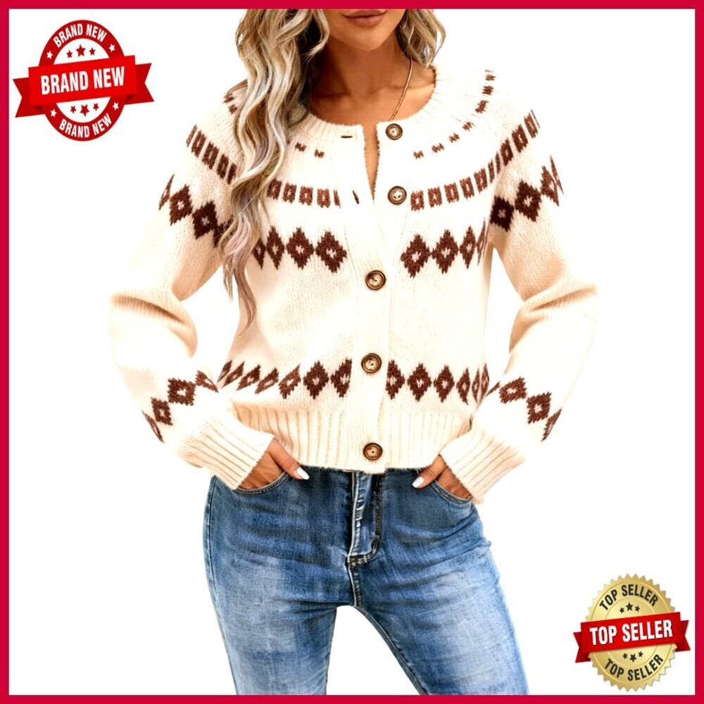 Fair Isle Chunky Cardigan Crewneck Knit Sweater Long Sleeve Button Up